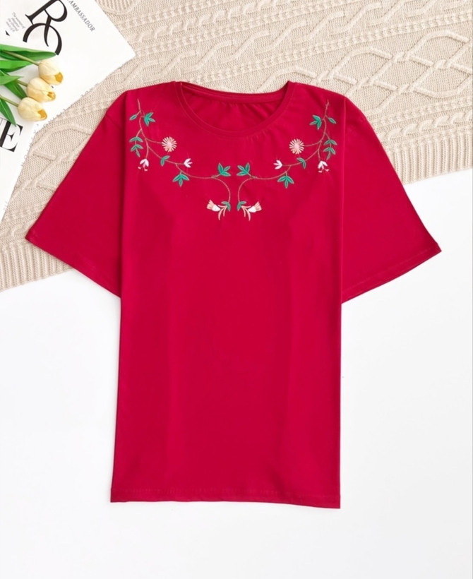 تیشرت پنبه زنانه دور یقه گلدوزی ژانتی