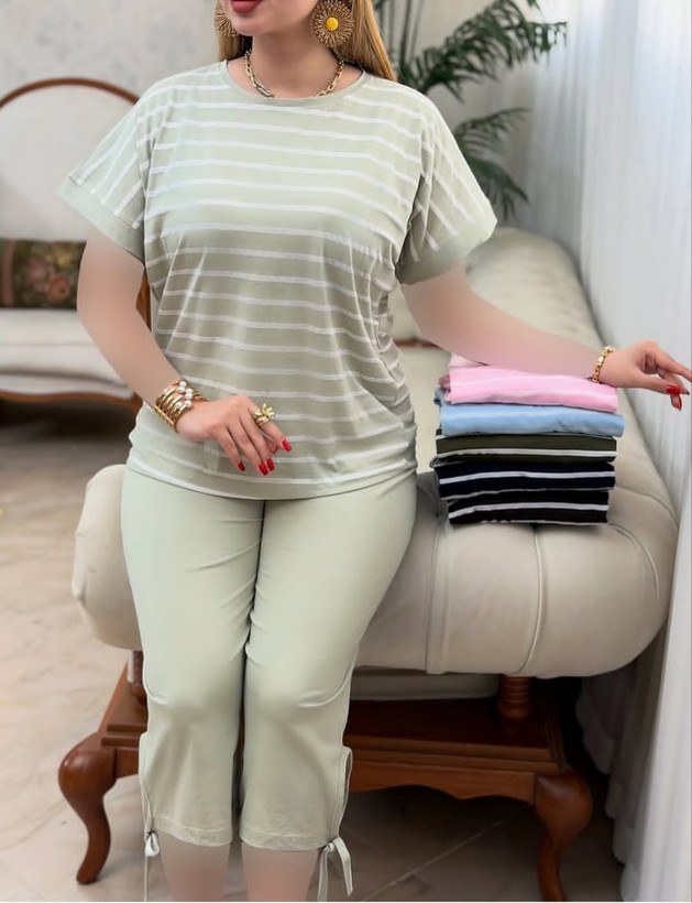 ست تیشرت شلوارک پنبه زنانه راه راه گیلدا